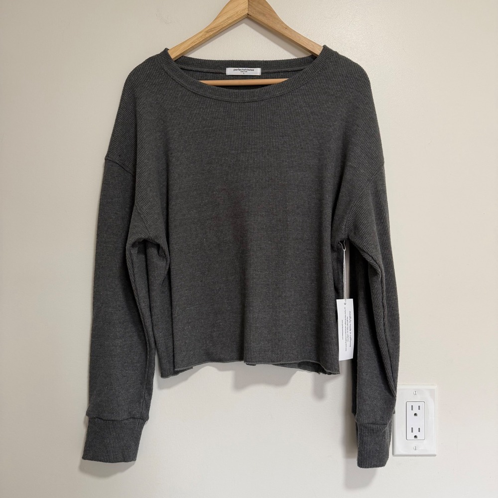 perfectwhitetee Ribbed Long Sleeve Top Womens L Charcoal Grey Thermal